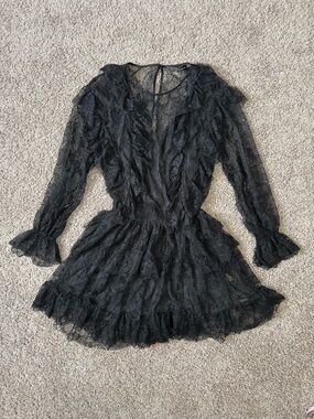 Zara Lace Tiered Ruffle Whimsygoth Witchy Mini Dress with Slip Flared Sleeves S
